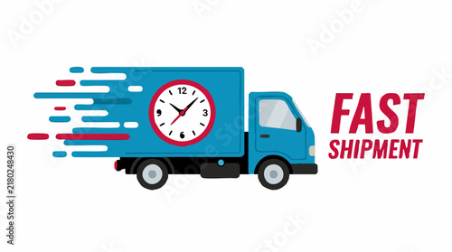 Foto Fast shipment delivery truck icon with clock and speed lines on white background