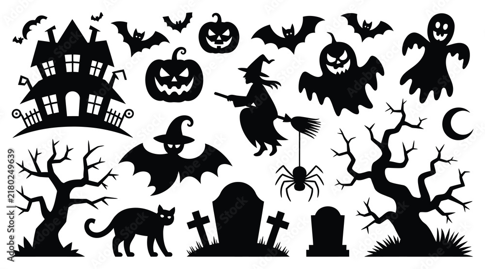 Fototapeta premium Halloween themed collection of spooky shapes and figures black silhouette bats