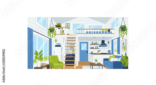 Flat design illustration of a modern tiny house interior featuring a loft bed, kitchen, and living area.