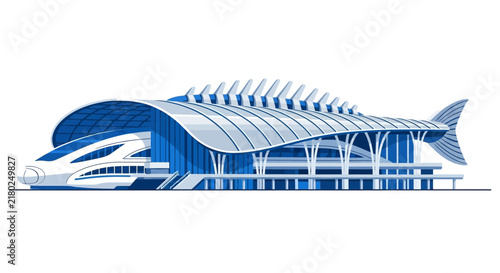 Futuristic Fish-Shaped Train Station and High-Speed Rail Vector Design
