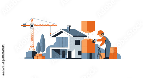 Modern House Construction Concept Illustration with Worker Crane and Modular Building Blocks
