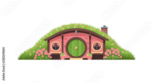 Enchanting Pink Hobbit House Illustration, Fairy Tale Cottage with Round Green Door on Grassy Hill