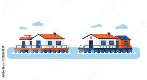 Flat Vector Illustration of Modern Floating Houseboats on Water