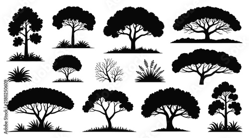 Collection of various tree shapes and foliage presented as a silhouette