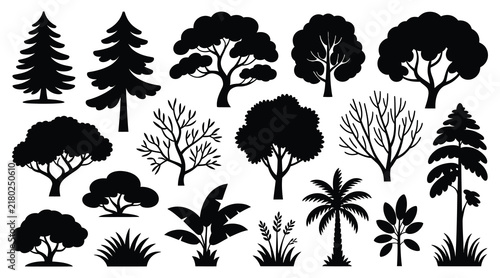 Collection of various tree and plant shapes in black silhouette arboricultural