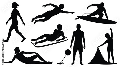 Beachgoers enjoying summer activities depicted as a black silhouette beach people