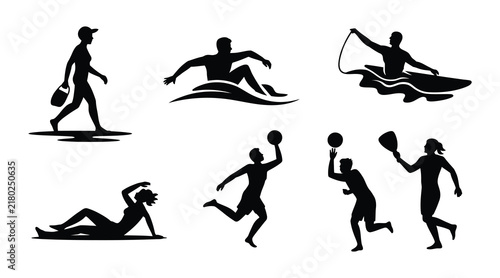 Collection of summer activity silhouettes depicting people enjoying leisure time silhouette