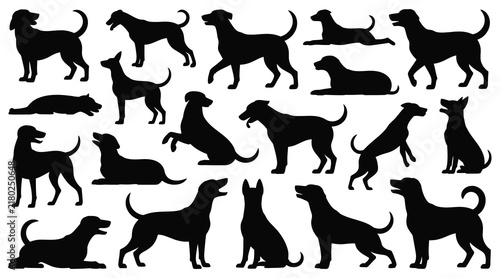 Collection of canine silhouettes in various poses against a white background silhouette