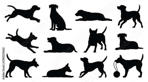 Collection of canine silhouettes in various poses against a white background silhouette