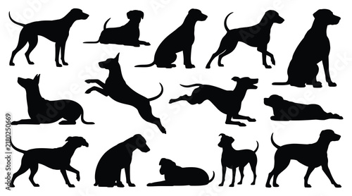 Collection of various dog breeds depicted in a black silhouette canine
