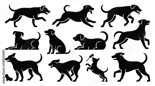 Collection of canine silhouettes in various poses a monochrome illustration silhouette