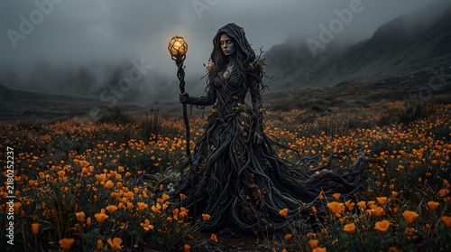 Dark Fantasy Sorceress with Glowing Staff in Flower Field Illustration