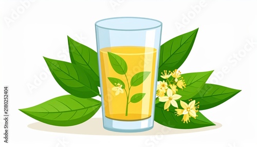 Glass of yellow herbal tea | Natural green leaf and flower illustration