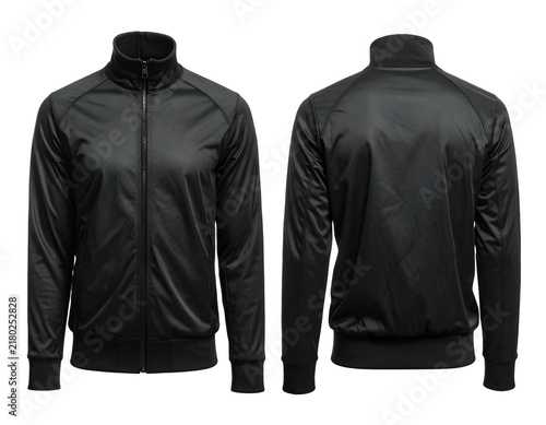 Men's black high collar track jacket mockup set.