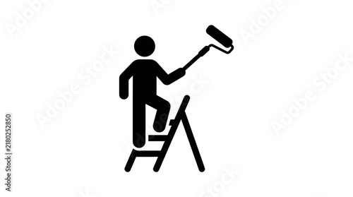 Professional painter climbing ladder with roller for interior wall renovation and home maintenance.