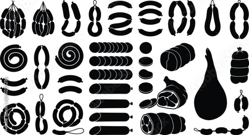 Sausage and meat products black silhouette collection featuring salami ham and cured food items