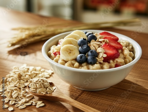 A bowl of oatmeal topped with banana slices, blueberries, strawberries, and granola on a wooden table with scattered oats and a wooden spoon.