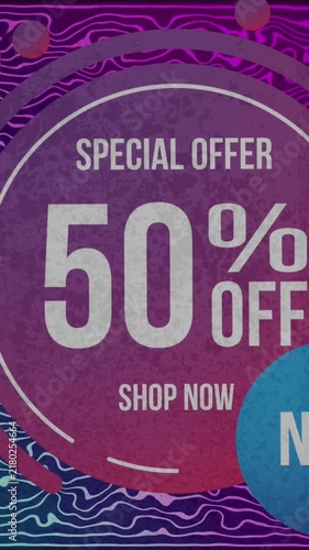 Animation of special offer 50 percent off text, on circles, over pink and blue undulating background