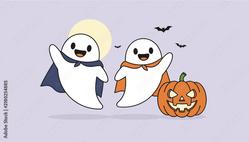 Fototapeta premium Cute Halloween cartoon illustration of two floating ghosts wearing capes next to a spooky carved jack-o-lantern.