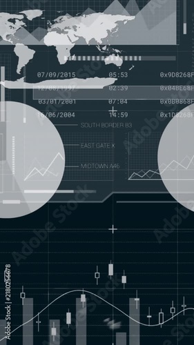 Animation of infographic interface over multiple graphs, globes and loading bars and circles