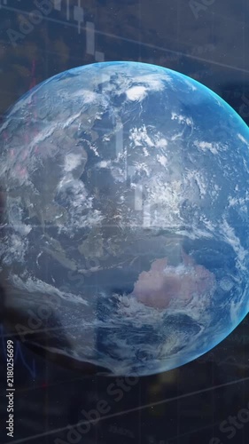 Animation of globe and graphs with changing numbers, time lapse people walking against buildings