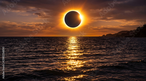 A breathtaking total solar eclipse featuring a brilliant fiery corona illuminating the tranquil ocean surface with golden reflections during a dramatic sunset over a distant serene coastline
