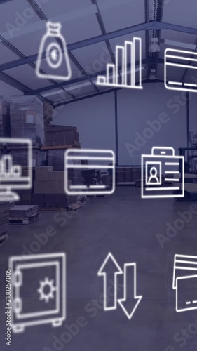 Animation of multiple icons over cardboard boxes in warehouse
