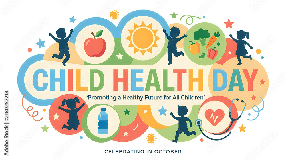 Naklejka premium A playful Child Health Day poster featuring colorful icons and happy children jumping for joy.