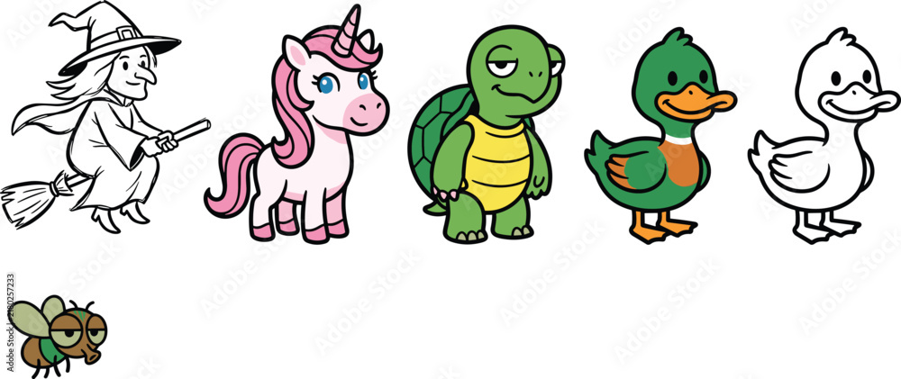 Fototapeta premium Cute Cartoon Character Set with Witch, Unicorn, Turtle, Duck, and Fly for Fantasy, Animal, and Halloween Designs