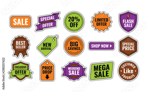 Collection of colorful sale badges and shopping discount stickers isolated on white background