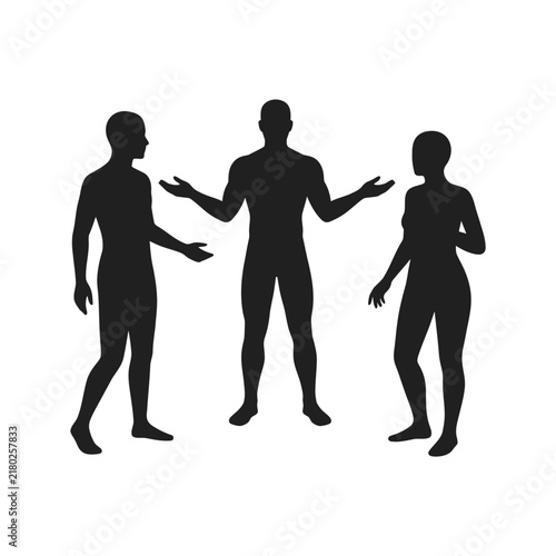 Black silhouette of three people standing and talking together isolated on a white background