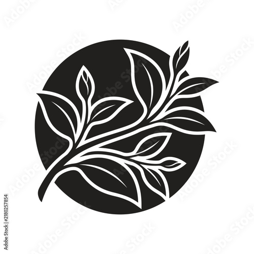 Black silhouette of a tea plant branch with leaves inside a circular frame isolated on a white background