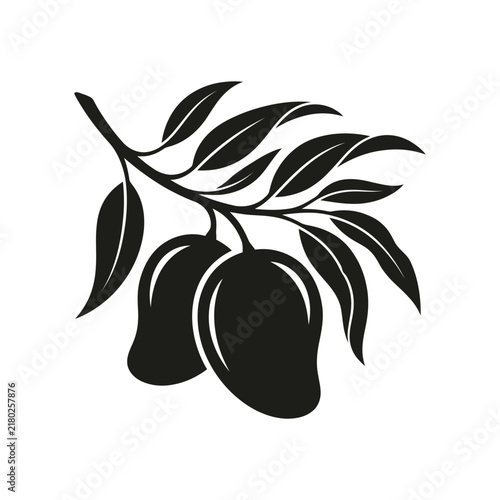 Black silhouette of two fresh mango fruits hanging on a leafy tree branch isolated graphic icon for food and nature design