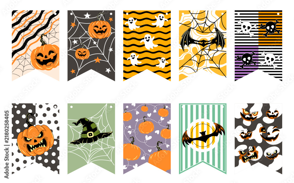 Fototapeta premium Cute Halloween flag set, Colorful printable banners and bunting garlands with pumpkin, ghost, witch hat, and spider web patterns for party decoration, diy, craft, card design and more