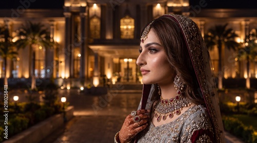 Elegant South Asian Bride Side Profile Portrait outside Luxury Resort at Night, Traditional Pakistani Indian Bridal Photography