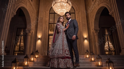 Low Angle South Asian Bride and Groom Standing on Palace Steps under Grand Chandelier, Luxury Pakistani Indian Wedding Couple Portrait