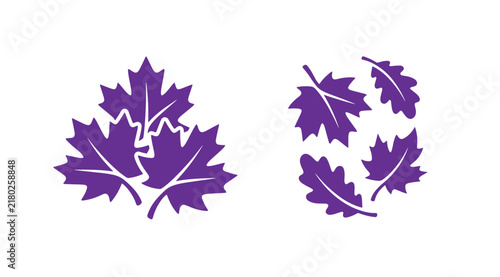 Purple autumn leaves silhouette vector illustrations set on white background with maple leaf oak leaf fall foliage vector icons graphic design nature element seasonal symbol