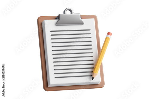 Brown Clipboard with Lined Papers and Yellow Pencil, Slightly Angled View
