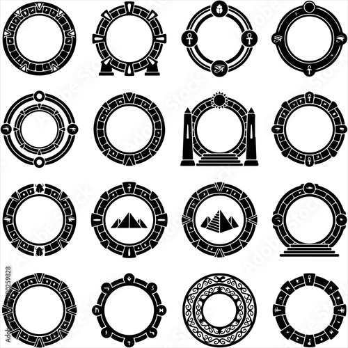 Collection of ornate circular frames and portals with ancient mystical designs in black and white mystical portal ornate circle ancient gateway round border magic portal decorative ring