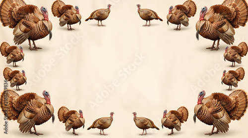 Frame border made of cute brown turkeys for thanksgiving holiday design