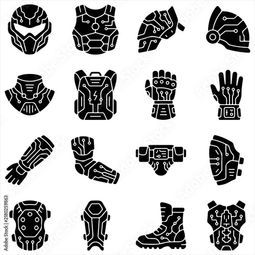 Set of sci-fi tactical armor pieces and futuristic protective gear icons in solid black vector style with combat equipment military suit body protection technology exoskeleton spacesuit backpack