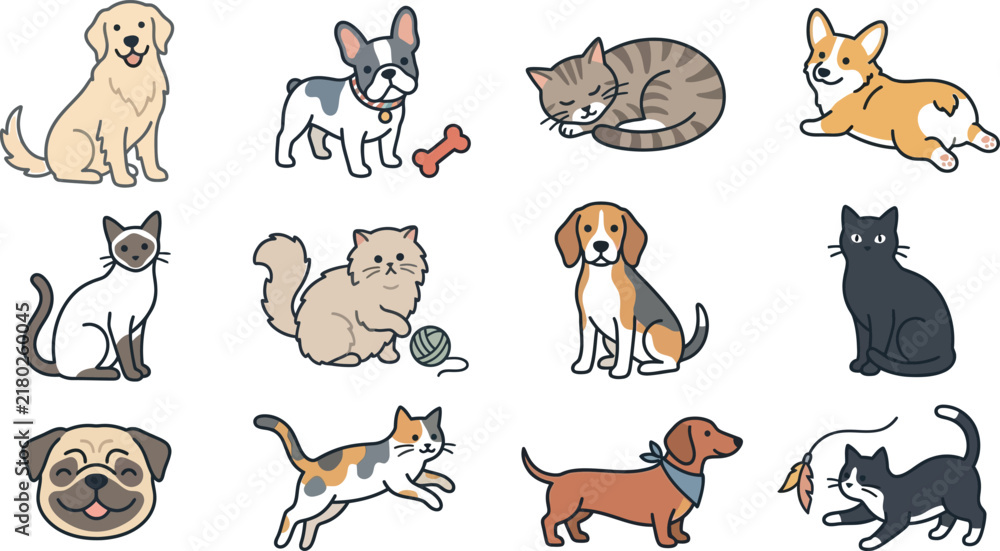 Obraz premium Cute cartoon dogs and cats collection set with various breeds and poses for pet lovers and animal design projects