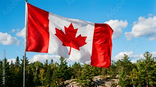 Majestic canadian flag waving proudly against a brilliant blue sky and clouds