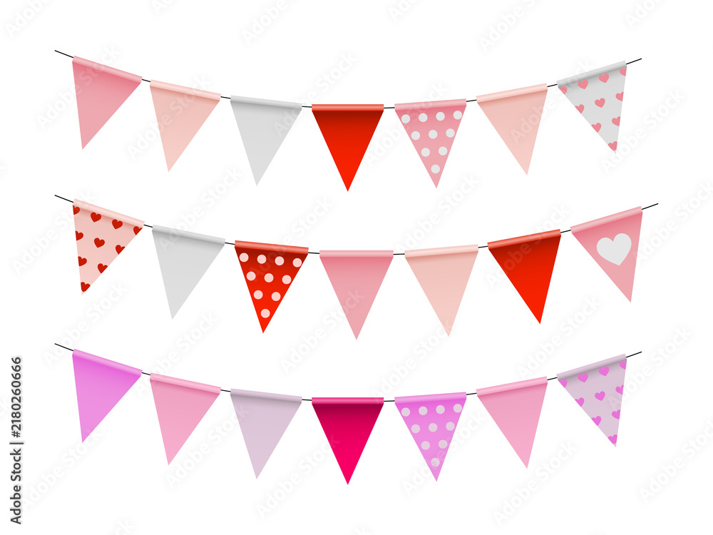 Obraz premium Colorful pink and red triangular bunting flags for party decoration on transparent background
