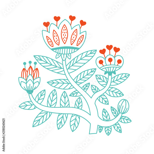 Decorative Folk Flower Embroidery Pattern Vector Hand Drawn Outline Botanical Ethno Stitching Motif