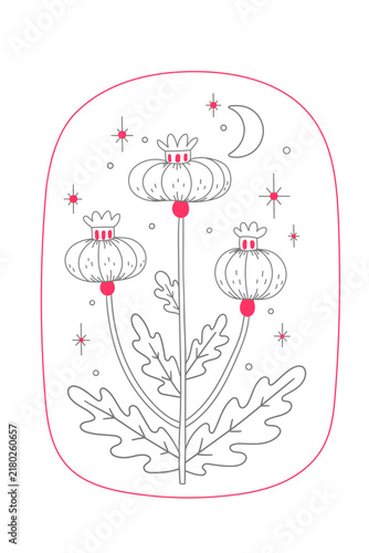 Celestial Poppy Pods Embroidery Pattern Vector Mystic Moon and Stars Line Art Witchy Botanical Grey and Red Stitching Sketch