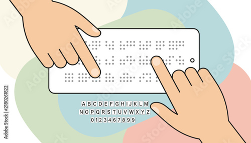 Close-up of human hands reading a braille writing tablet to learn the alphabet and numerical characters.