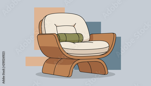 Comfortable modern wooden armchair with white cushions and a green bolster pillow on an abstract background.