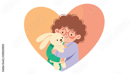 Cute little child with glasses lovingly hugging a soft stuffed bunny toy inside a warm heart-shaped frame.