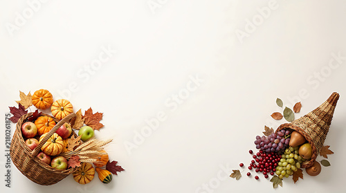 Thanksgiving cornucopia basket with pumpkins and autumn harvest fruits